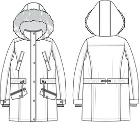Unisex Fur Hooded Parka Jacket. Technical fashion illustration. Front and back, white color. Unisex CAD mock-up. © DERYA