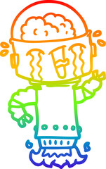 rainbow gradient line drawing cartoon crying robot flying