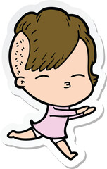 sticker of a cartoon squinting girl running