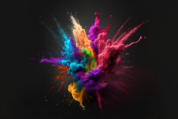 Explosion of vibrant colorful Holi powders on the black background, createrd with Generative AI technology. Holi festival