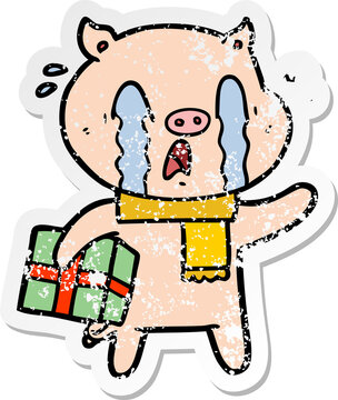 distressed sticker of a crying pig cartoon delivering christmas present