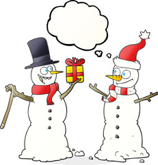 thought bubble cartoon snowmen exchanging gifts