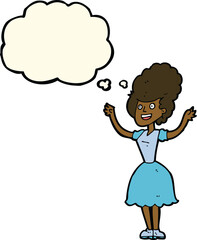 cartoon happy 1950's woman with thought bubble