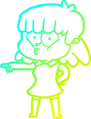 cold gradient line drawing cartoon whistling girl pointing