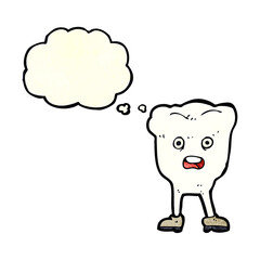 cartoon tooth looking afraid with thought bubble