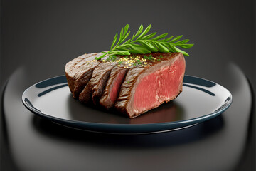 Juicy appetizing beef steak on a black plate, super photo realistic background, generative ai