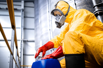 Working in chemicals industry. Professional trained worker wearing yellow suit, gas mask and gloves opening tank with dangerous materials.