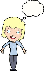 cartoon woman shrugging shoulders with thought bubble
