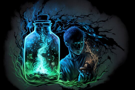 dark boy behind of a magical bottle