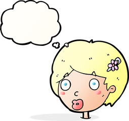 cartoon surprised female face with thought bubble