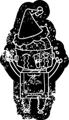 cartoon distressed icon of a crying robot wearing santa hat