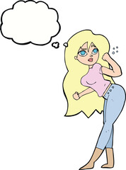 cartoon woman raising fist with thought bubble