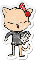 distressed sticker of a cartoon cat with bow on head