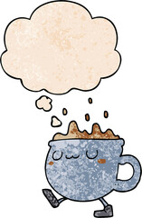 cartoon coffee cup walking and thought bubble in grunge texture pattern style