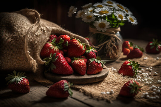 Rustic Strawberry Delight: Photos of Fresh Berries on a Beautiful Burlap Table AI Generative