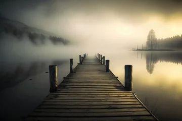 Foto op Plexiglas Fog on the lake with wooden pier. Generative AI © Kanisorn