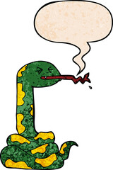 cartoon hissing snake and speech bubble in retro texture style