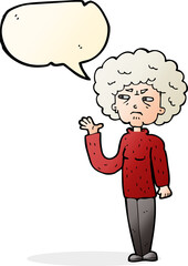 cartoon annoyed old woman waving with speech bubble