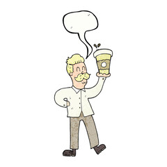 speech bubble textured cartoon man with coffee cups