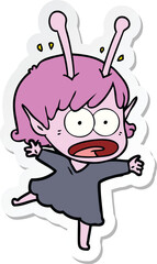 sticker of a cartoon shocked alien girl