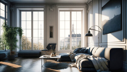 Living-room in an elegant modern Parisian apartment with view on the Eiffel tower - generative AI - obrazy, fototapety, plakaty
