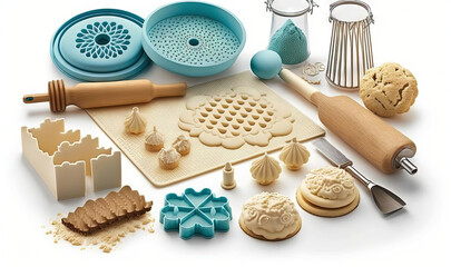  a variety of cookie decorating tools on a white surface.  generative ai