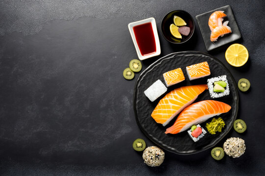 plate with japanese food sushi, super photo realistic background, generative ai