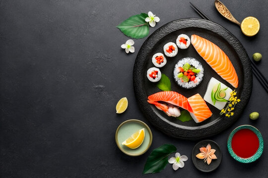 plate with japanese food sushi, super photo realistic background, generative ai
