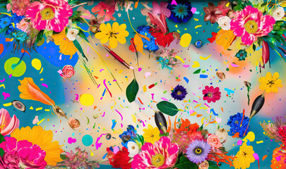  a painting of colorful flowers and confetti on a blue background.  generative ai
