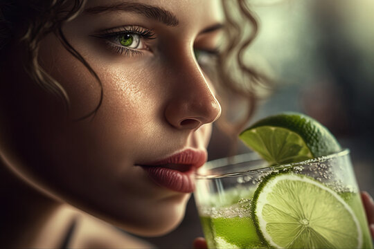A close-up of a woman holding a refreshing Mojito. A atractive Woman Drinking and Enjoying an icy cold cocktail. Closeup lips. The mint leaves and lime wedges are visible ai generative