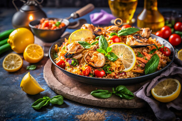 Spanish national food paella, super photo realistic illustration, generative ai background