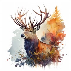  Watercolor Painting of Majestic Deer Portrait with forrest elements florals