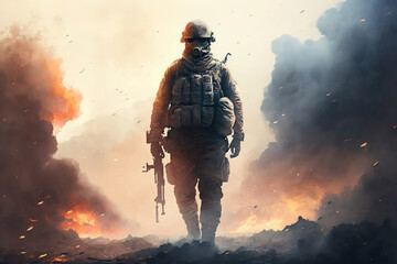 Fototapeta premium lone soldier in the midst of a war, standing a top of battlefield with a rifle in hand, surrounded by smoke and fire, ai art illustration 
