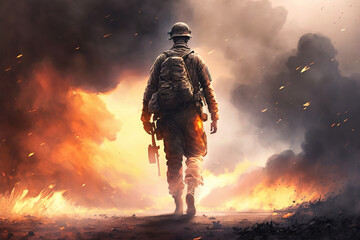 lone soldier in the midst of a war, standing a top of battlefield with a rifle in hand, surrounded by smoke and fire, ai art illustration  - obrazy, fototapety, plakaty