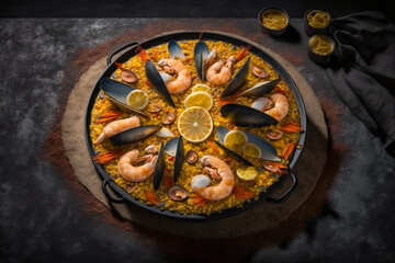 Obraz na płótnie Canvas Spanish national food paella, super photo realistic illustration, generative ai background