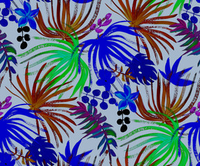 Fototapeta na wymiar modern bright seamless pattern with tropical palm leaves and colorful dried flowers for fashion textiles and surface design
