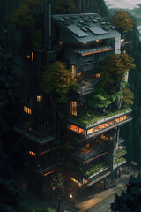 mossy buildings have deep tall balconies with plants, trees, ai art illustration 
