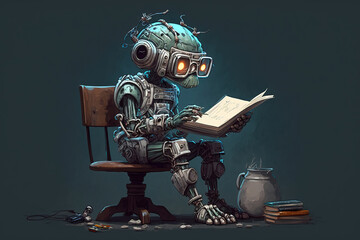Fototapeta premium Robots Learning the Future, reading a book, ai art illustration 