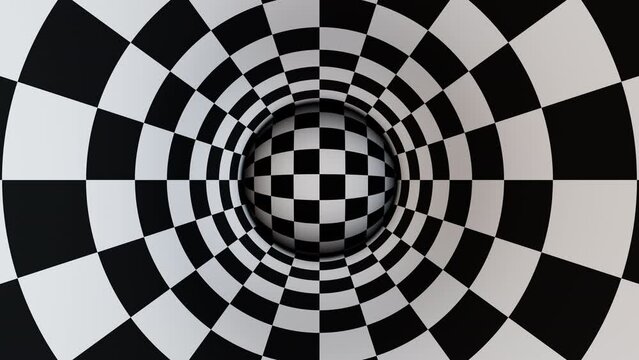 Black and white checker ball in hyptnotic tunnel loop animation