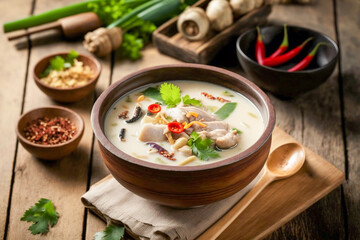 White cream soup with mushrooms, super photo realistic background, generative ai