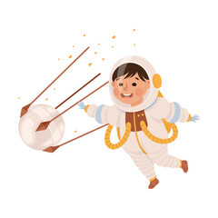 Fototapeta premium Little child in spacesuit floating with space satellite. Kids astronaut character dreaming about adventures in outer space cartoon vector illustration