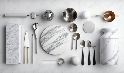  a marble table topped with silverware and utensils.  generative ai