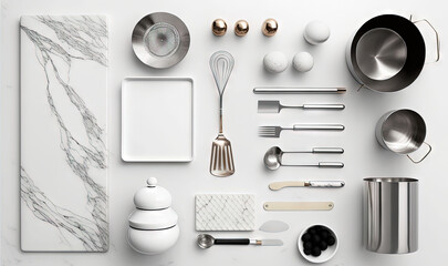  a variety of kitchen utensils are arranged on a white surface.  generative ai