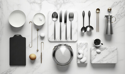  a white marble table topped with silverware and utensils.  generative ai