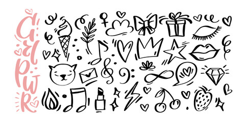 Girl Power linear hand drawn set. One color minimalistic drawn objects such as crown, lips, ice cream, letter, hearts, speech bubble, flame, flash, lashes, musical notes, berries, swirls and diamond.