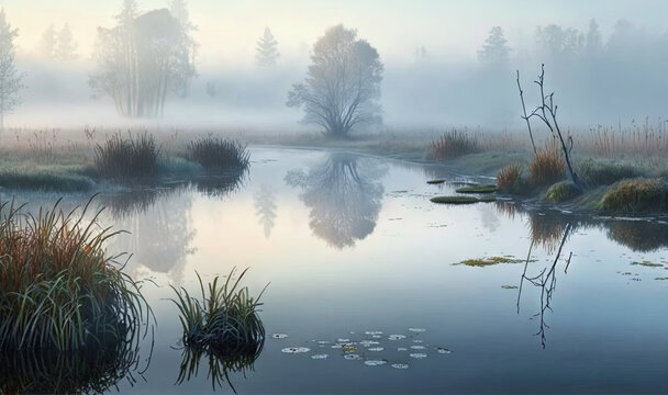  a painting of a pond with water lillies and trees in the background.  generative ai