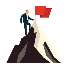Success man standing on top of mountain with flag