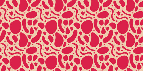 Vector seamless pattern. Abstract repetitive ornament for surface design, printing on paper and fabric. Handdrawn waves, shapes, circles, flowers, leaves, branches. Background for social media post.
