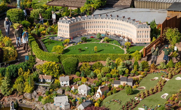 06.08.2021 Torquay, UK. Babbacombe Miniature Model Village. Scene from Bath town with Royal Crescent. Scene portrays British life and culture over the decades.