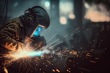 Obraz na płótnie Canvas Precision and Expertise: A Skilled Welder in the Metal Industry. A welder is seen working in a metal fabrication shop, wearing a protective helmet and gloves, ai generative